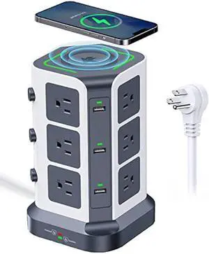 KOOSLA Power Strip Tower, 15W Wireless Charger Surge Protector - 12 AC Multiple Outlets & 6 USB Ports, 6.5ft Extension Cord Charging Station for Office Supplies, Desk Accessories, Dorm Essentials