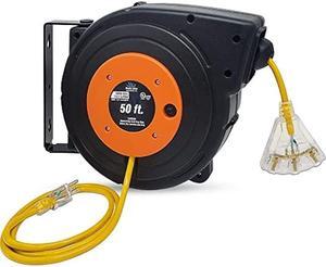 50 ft - 14 Gauge Retractable Extension Cord Reel - Heavy Duty Cable Reel w/Multi Outlet Lighted Receptacle - Premium Grade 13 Amp Extension Cord Retractable Reel w/Mounting Kit - by Watt's Wire