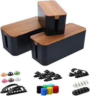 Cable Management Box Set - 3 Pack Large & Medium & Small Wooden Style Cable Organizer Box Desk Computer Cord Organizer Box with Cable Clips to Hide Wires and Power Strips (Black) Cable Management Box Set - 3 Pack Large & Medium & Small Wooden Style Cable Organizer Box Desk Computer Cord Organizer Box with Cable Clips to Hide Wires and Power Strips (Black)