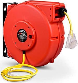 ReelWorks Extension Cord Reel Retractable Longest Industrial 12awg x 80' Foot Commercial Premium Grade Ultra Flexible 3C/SJTOW Glow Strip Cable and Led Light Up Triple Tap Connector Use Indoor/Outdoor