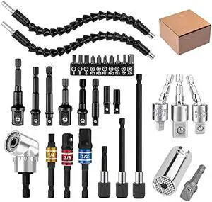 32pcs Flexible Drill Bit Extension Set, Rotatable Joint Socket 1/4 3/8 1/2 Inch Hex Socket Adapter, 105°Right Angle Drill Attachmen, Bendable Drill Bit Extension Screwdriver Kit with a Box (Black)