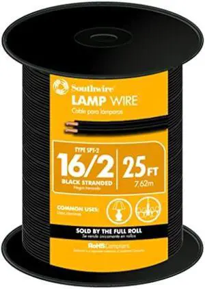 Woods Southwire 55681821 25-Feet 16-Gauge 2 Conductor 16/2 Type SPT-2 Lamp Service Parallel Cord with Thermoplastic Insulation, Black