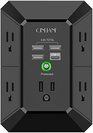 USB Wall Charger, Surge Protector, QINLIANF 5 Outlet Extender with 4 USB Charging Ports ( 4.8A Total) 3-Sided 1680J Power Strip Multi Plug Outlets Wall Adapter Spaced for Home Travel Office, Black