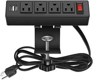 HHSOET Desk Clamp Power Strip, Desktop Power Outlet Clamp Mount with 2 USB Ports, 4 AC Outlets, Mountable Desk Outlet Removable Power Plugs with 6ft Cord.(4AC2USB-Black)