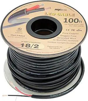 MaxBrite 100 ft. 18AWG Low Voltage LED Cable, 2 Conductor, Outdoor Rated, Black Sleeve in-Wall Speaker Wire UL/cUL Class 2, Sunlight Resistant