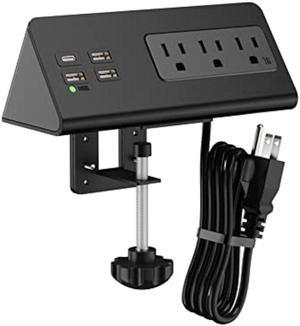 Desk Edge Clamp Mount Power Strips with 4 USB Ports(1xPD 20W USB-C Port)& 3 AC Outlets,1875 Joules Tabletop Surge Protector, Power Sockets for Office Table/Hotel Nightstands,ETL Listed (1-Pack, Black)