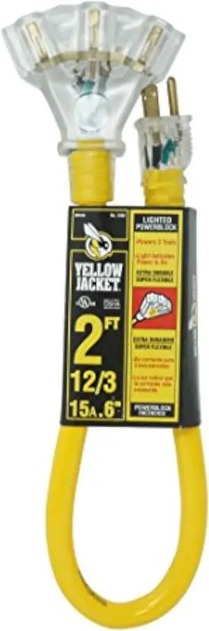 Yellow Jacket 2882 12/3 Heavy Duty 15-Amp, 125 Volts 1875 Watts, Premium SJTW Contractor Grade 3 Outlet Extension Cord with Lighted End, 2-Feet, Yellow, UL Listed, 2 Foot,