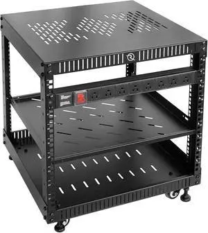 RIVECO 9U Network Rack with Reinforced Top Cover - 4 Post Floor Rack on Wheels for 19" Equipment & Stereo Gear- Including Rack Mount Power Strip & 1PCS 1U Rack Shelf