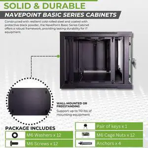 NavePoint 6U Wall Mount Network Cabinet for 19 IT Equipment with Lockable Glass Door & Removable Side Panels, 2 Fans, 17.7 Deep, Pre-Assembled