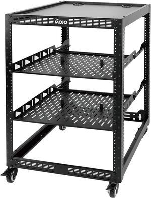 16U Open Frame Network Rack for Servers&AV Gear, Server Rack 4-Post with casters, Mobile Server Rack with 2 PCS 1U Server Rack Shelf & Mounting Hardware, AV Rack for 19" Network/Servers/Audio