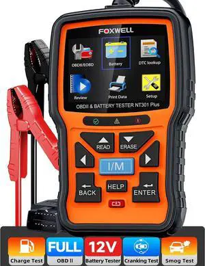 NT301 Plus 2 IN1 OBD2 Scanner Battery Tester, OBD2 Scanner Diagnostic Tool Check Engine Car Code Reader, 12V 100-2000 CCA Battery/Charging/Cranking Test, EVAP Live Data, Full OBDII Diagnosis