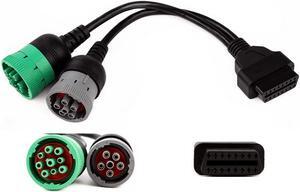 OBD to Type 2 Green9p J1939 and 6p J1708 Split Y Cable for Diesel Truck Diagnostics