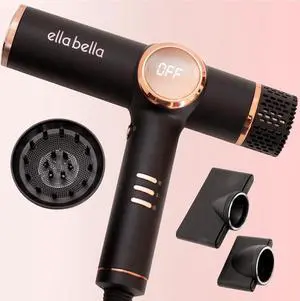 ELLA BELLA® Professional Ionic Hair Dryer with Diffuser  Negative Ion Blow Dryer  Suitable All Hair Types  Intelligent Heat Control & Rapid Drying Speeds  Lightweight Design  Low Noise Technology