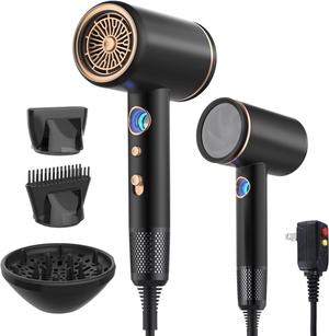 Professional Hair Dryer,1875 Watt High-Speed Ionic Blow Dryer with Diffuser/Concentrator/Comb Nozzle,LED Temp Display,Intelligent Temp Control,Low Noise for Home Salon Travel (Black)