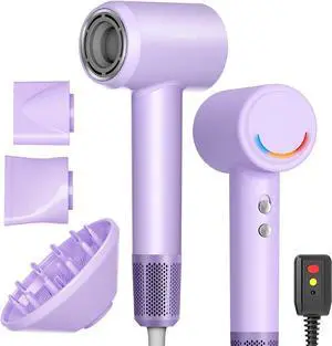 High-Speed Hair Dryer with 12,0000 RPM Brushless Motor for Fast Drying, 1800W Professional Ionic Blow Dryer with Diffuser and Magnetic Nozzles, Low Noise Hairdryer for Salon Home Travel(Purple)