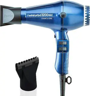 Turbo Power Twin Turbo 3200 MAX Ceramic & Ionic Night Blue Hair Dryer and M Hair Designs Hot Blow Attachment Black (Bundle 2 Items)