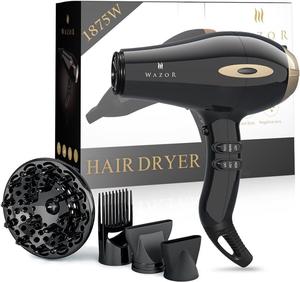 Professional Ionic Hair Dryer, 1875W Salon Blow Dryer with Powerful AC Motor, 2 Speed and 3 Heat Settings for Fast Drying, Compact Hair Dryer with Diffuser & Comb & 2 Nozzles for Home Salon, Black