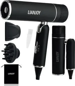 Foldable Fast Drying Hair Dryer with Diffuser, 1600W Professional Ionic Blow Dryer with Storage Bag, Diffuser and Nozzle, Lightweight and Mini Portable Hairdryer for Women and Men, Black