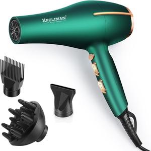 Pro Ionic Salon Hair Dryer,Xpoliman Blow Dryer,Powerful 2000 Watt with AC Motor,Quick Drying Hairdryers Diffuser Fast Dryer Lightweight Best Soft Touch Body -Green & Gold
