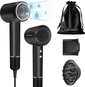 110,000 RPM Brushless Motor Hair Dryer for Fast Drying, 200 Million Negative Ions, Travel-Friendly Low Noise Design (Black, with Concentrator and Diffuser)