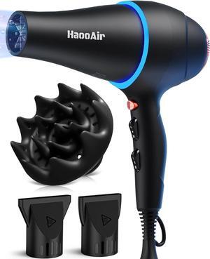 Hair Dryer with Diffuser, Professional Ionic Hair Dryer with Blue Light AC Motor, 2000W Fast Drying Hair Blow Dryer Low Noise Care Hairdryer for Women (Black with 2*Nozzle+Diffuser)