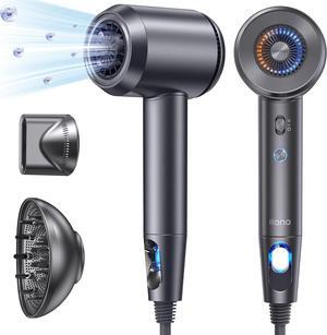 Hair Dryer with Diffuser - 19m/s llano High Speed Ionic Professional Fast Drying Blow Dryer, 1500W 5Temps/2Speeds, Low Noise Thermo-Control, Compact with Storage Bag for Travel/Home (Blue) (Gray)