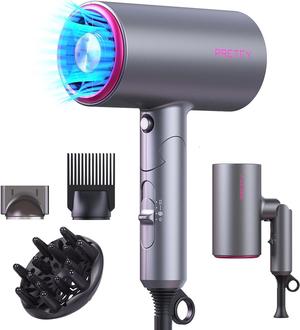 PRETFY Portable Hair Dryer, 1875W Professional Ionic Hair Blow Dryer with Diffuser, Lightweight Design, Fast Drying, Low Noise, Foldable Small Hair Dryer for Home, Travel, Salon (Gray)