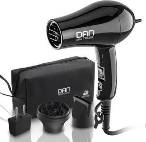 DAN Technology Compact Travel Hair Dryer, 1800 Watts, Black, Ceramic, with Concentrator & Diffuser, European Plug, Folding Handle, Fast Drying for Women and Men