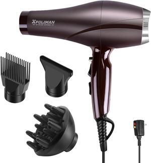 Xpoliman 2000 Watt Hair Dryer, Negative Ionic Blow Dryer with Diffuser Concentrator Comb, 2 Speed 3 Heat Settings, Low Noise Long Life Style-Brown/Purple