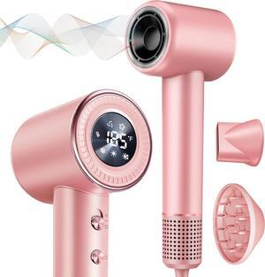 Rudd Hair Dryer with Diffuser - High Speed Hair Dryer with Display, 110000 RPM Brushless Motor for Fast Drying, 200 Million Negative Inoic Blow Dryer Low Noise Hair Dryer, Pink