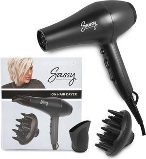 Sassy Ceramic Ion Hair Dryer, 1875-Watt Salon Dryer with Concentrator and Diffuser, Multiple Heat Settings and Cool Shot (Black)