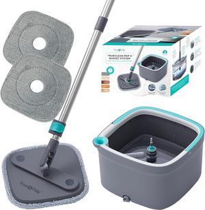 True & Tidy True Clean Mop and Bucket System, Includes Square Spin Mop, Dual Compartment Mop Bucket and 2 Thick Machine Washable Mop Pads (Spin Mop with Gift Box)