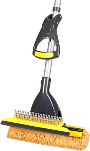 Yocada Sponge Mop Home Commercial Use Tile Floor Bathroom Garage Cleaning with Squeegee and Extendable Telescopic Long Handle 42-52 Inches Easily Dry Wringing