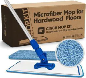Cinch Mop - Microfiber Mop for Hardwood Floors - Flat Mops System for Wood, Tile, Laminate, Vinyl, 2 Wet Pads Refills, Reusable Micro Fiber Mopping Heads