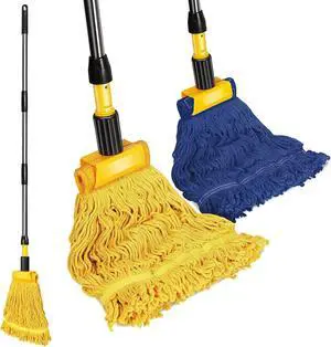 Commercial Mop, Looped End String Industrial Mop, Heavy Duty Mops with 2 String Mop Heads for Floor Cleaning, Blue/Yellow