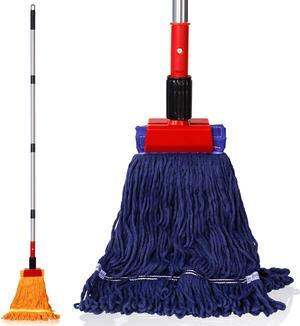 Commercial Mop Heavy Duty Industrial Mop with 77inch Long Handle, Looped-End String Wet Mop with 2 Mop Heads for Home, Garage, Office Floor Cleaning (Blue-Orange)