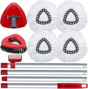 Spin Mop Head and Brush Replacement Compatible with O Cedar EasyWring 1-Tank System, 4 Mop Replace Heads, 1 Mop Handle, 1 Mop Base and 1 Mop Base Scrub Brush Combo Set