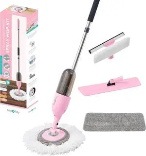 True & Tidy® Clean Everywhere Spray Mop Kit Premium Floor Spray Mop - Includes Flat Mop Head, Round Mop Head, Squeegee Mop Head (Pink)