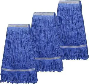 3-Pack Heavy Mop Replacement Head,Commercial Industrial Grade Blue Cotton Ring Heads,Cotton Looped End String Cleaning Mop Head Refill,Applied to Mop of Clamping Side-Loading Handles