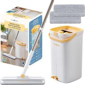 True & Tidy® TrueClean Mop and Bucket Pump System, Patent Pending 3 Compartments Separate Clean & Dirty Water, Wet & Dry Self-Cleaning Hands-Free Self-Wringing Aluminum Mop Head Machine Washable Pads