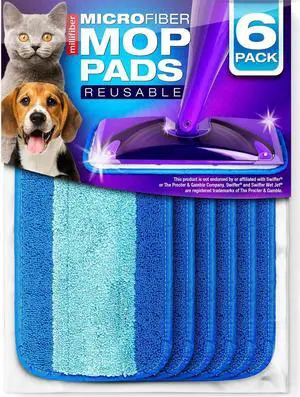 Reusable Mop Pads Compatible with Swiffer WetJet (6 Pack) - Microfiber Mop Refill for Wet Mopping Cloths - Hardwood Floor Cleaning Spray Pads are Reusable Replacements