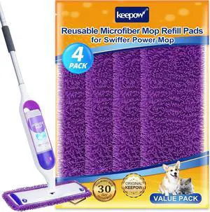 KEEPOW Reusable Power Mop Refill Pads Compatible with Swiffer PowerMop, Microfiber Power Mop Refills, Power Mop Pads for Hardwood Floor Cleaning, 4 Pack (Mop is Not Included)