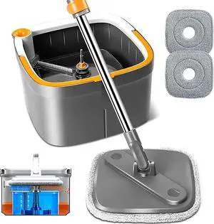 KZKR Spin Square Mop M16 Square Spin Mop and Bucket Set, with Dirty/Clean Water Separation System, Self Rotating Mop-Head for Hardwood Tile Marble Floors (2 Pads)