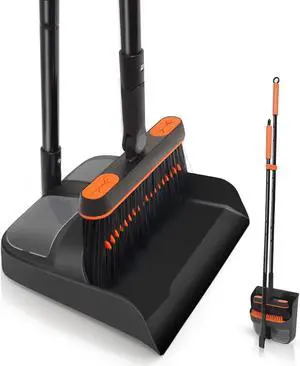 JEHONN Broom and Dustpan Set for Home, Long Handle Lightweight 180 Degree Rotating Broom Set Indoor, Upright Standing Dust Pan with Comb Teeth, Store Sweep Set for Room Kitchen Office Lobby