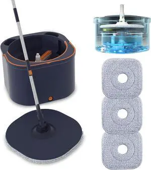 Flat Floor Mop and Bucket System Set with Wringer, Spin Mop and Bucket Separate Clean and Dirty Water with Self Separation for Hardwood, Laminate, Tile, Floor Cleaning, Wet and Dry Use, Navy Blue