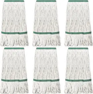 6 Pack Heavy Loop End Cotton String Mop Head Heavy Duty Mop Head Commercial Refills Mop Head Replacement for Home Industrial Commercial Cleaning (White, Green)