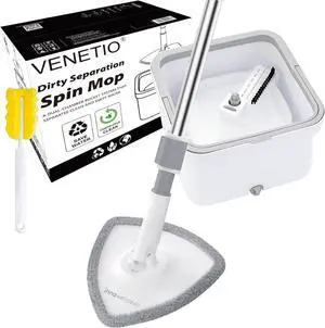 VENETIO Innowellclean Dirty Separation Triangle Spin Mop and Bucket Set for Floor Cleaning - Self Wringing/Dry/Wet All-in-One Microfiber Mop System for Home Hardwood, Laminate, Tile (1 Pad)