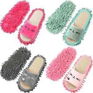 Wesiti 4 Pairs Washable Mop Slippers Microfiber Mop Slippers Funny Mop Shoes Floor Cleaning Slippers for Women Home Floor (Brown, Blue, Purple, Beige,Simple)