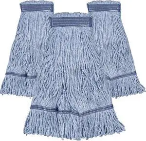 Blue Commercial Mop Head Replacement. Looped End Prevents Tangling and Twisting. Industrial Mop Heads. Synthetic Cotton Blend for Maximum Absorption. Wide Universal Headband. 3 Pack
