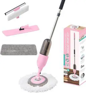 Multi-Surface Spray Mop Kit 3-in-1 with Flat Mop, Round Mop, Squeegee Mop Head, Refillable Water Bottle, Machine Washable Mop Pads for Cleaning Floors, Windows